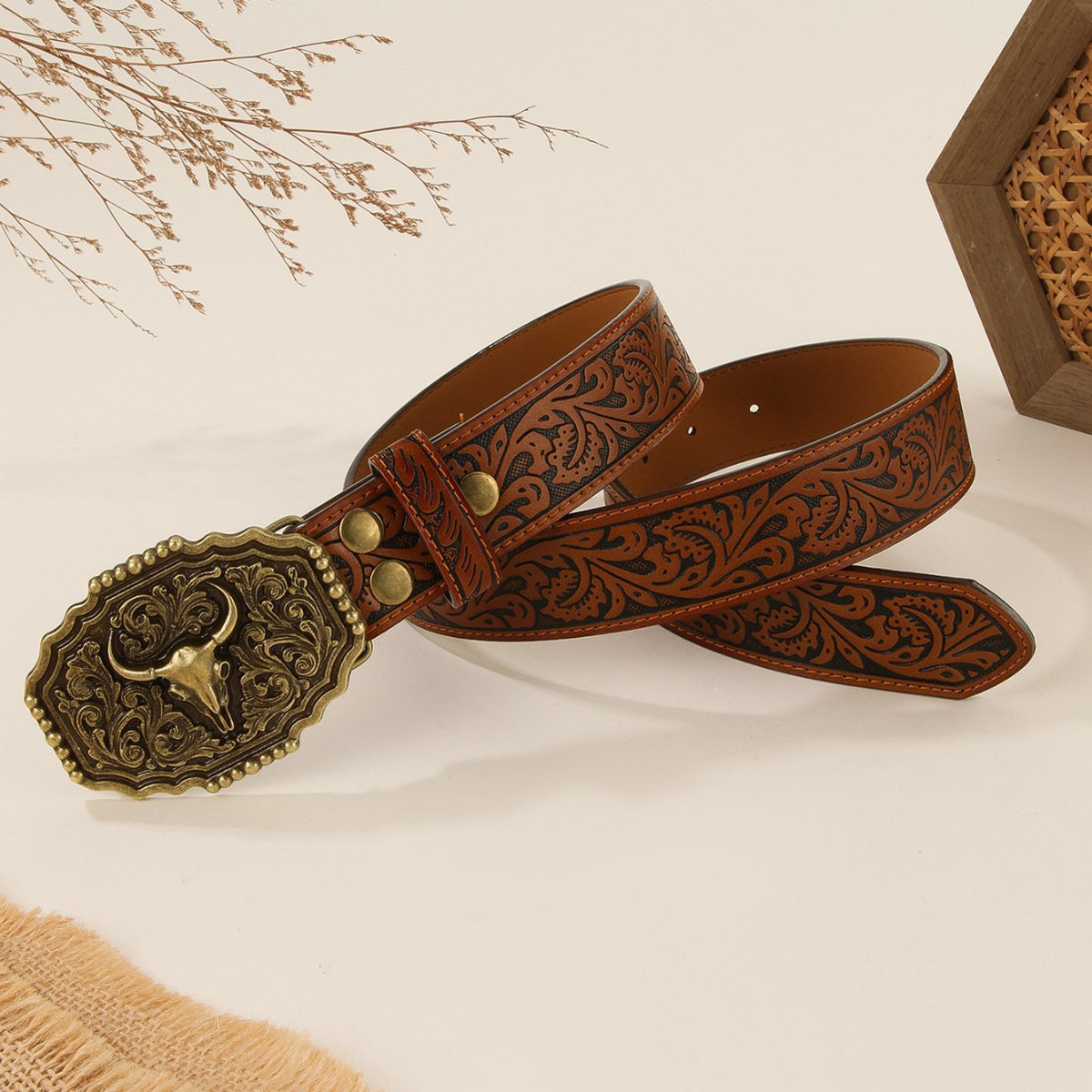Steer Skull Western Belt – Embossed Faux Leather – view 6