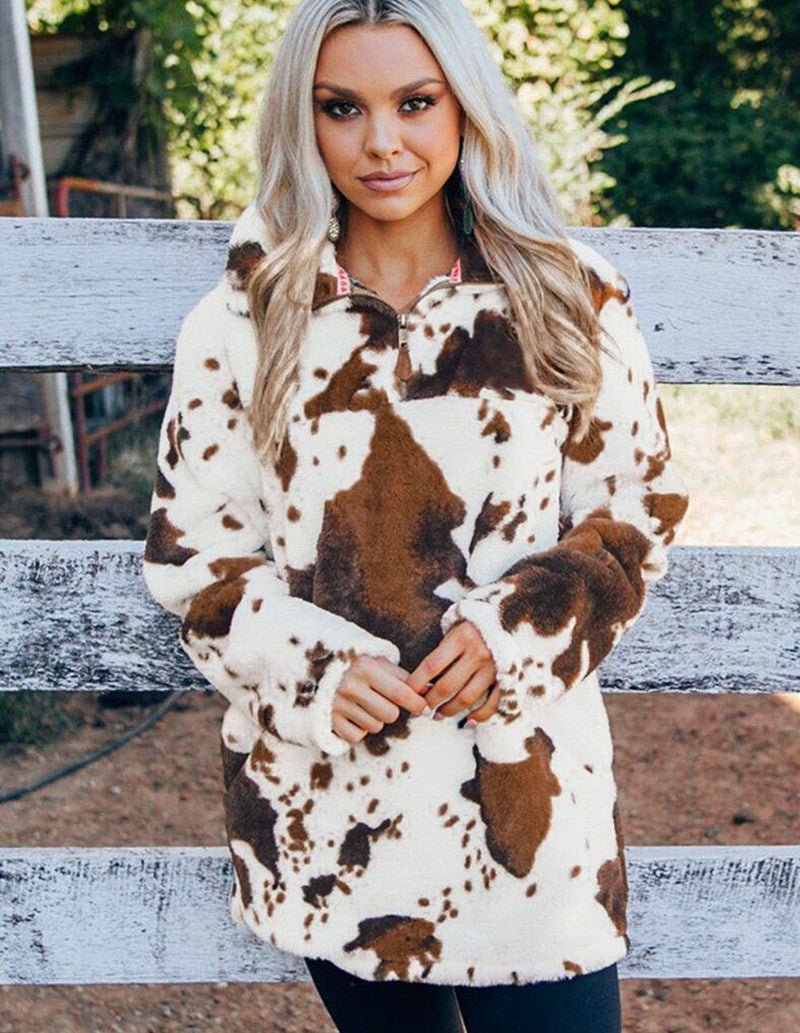 Cow Print Sweater – Women's Pullover, Brown – view 2