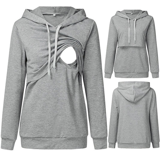 Nursing Hoodie – Side Slit Access, Solid Pullover – Gray