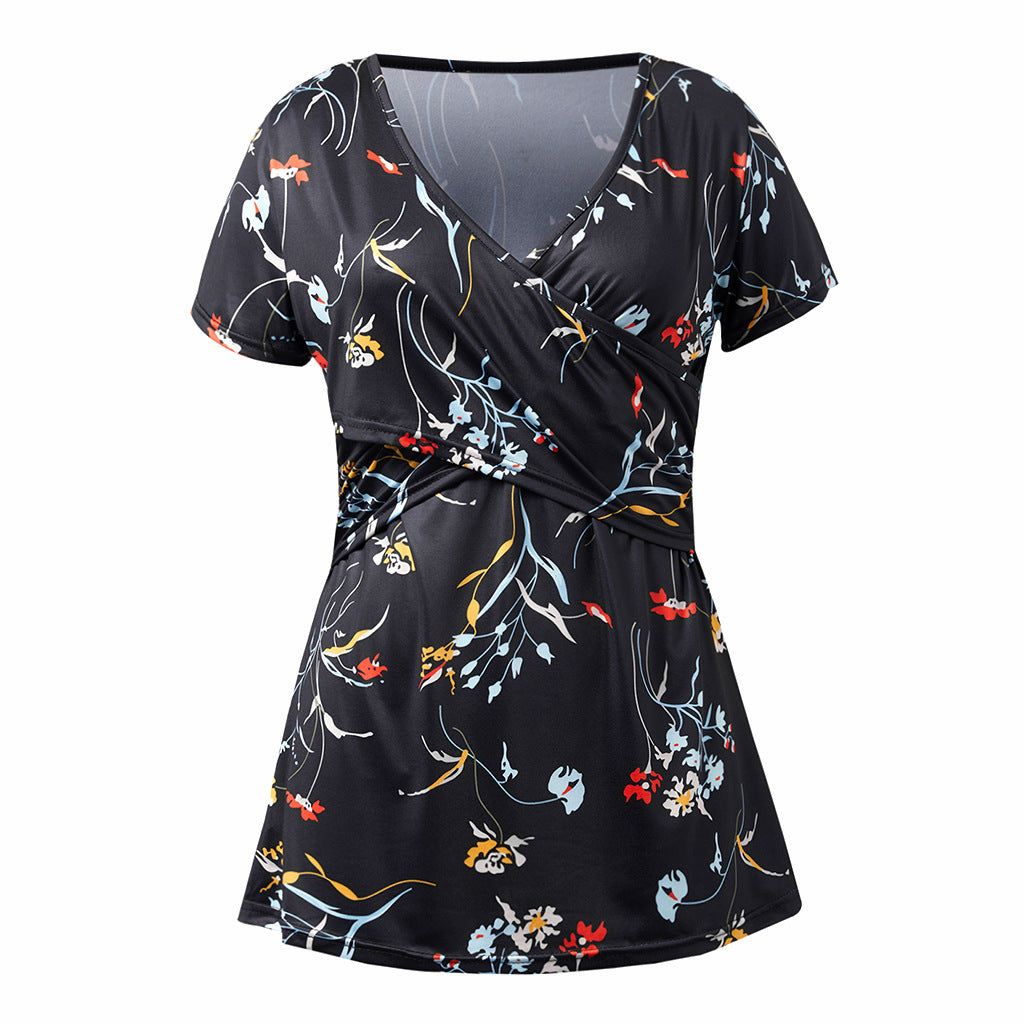 Crossover nursing top, short-sleeve dot and floral print – view 2