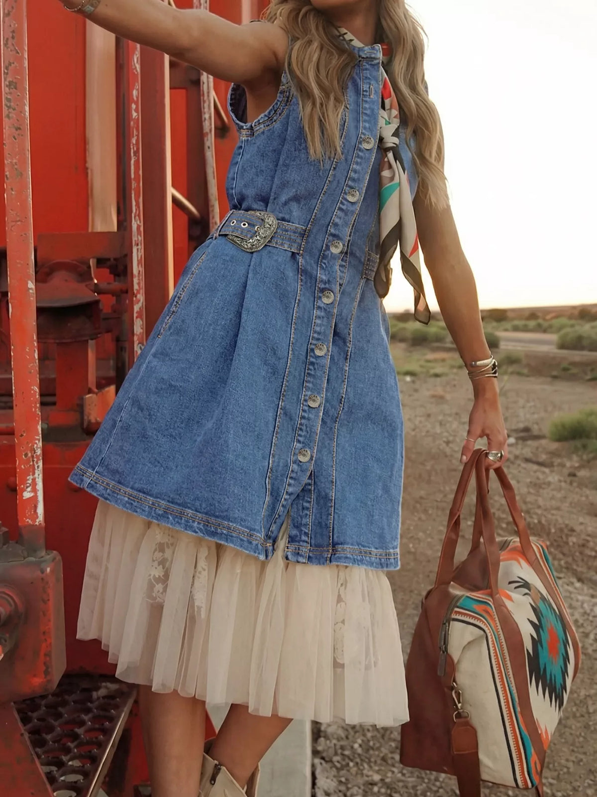 Denim Mini Dress Belted Button Down