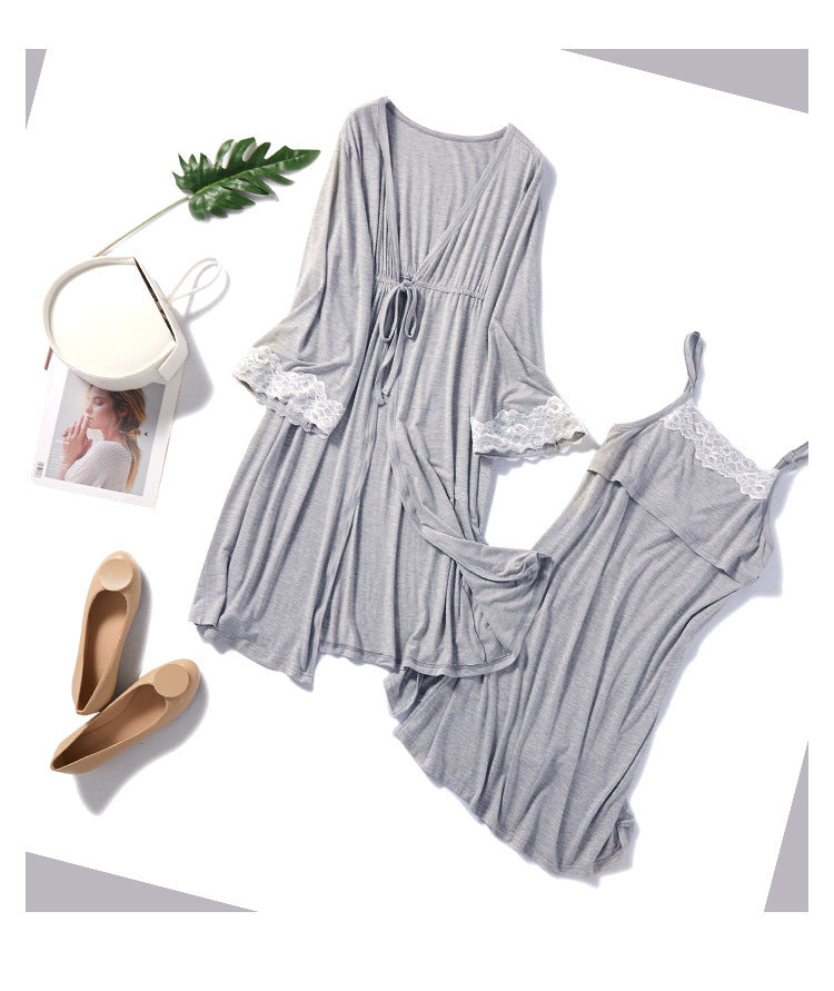 Maternity Nightgown & Robe Set – Lace-Trim Cami, Modal – Grey