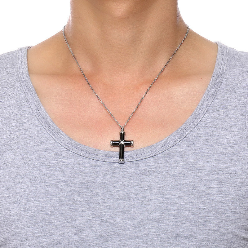 Cross Urn Necklace – Black Titanium Steel – detail view 3