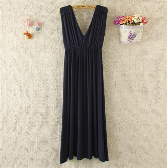 Modal V-Neck Maternity Long Dress – Sleeveless Shirred Waist – view 3