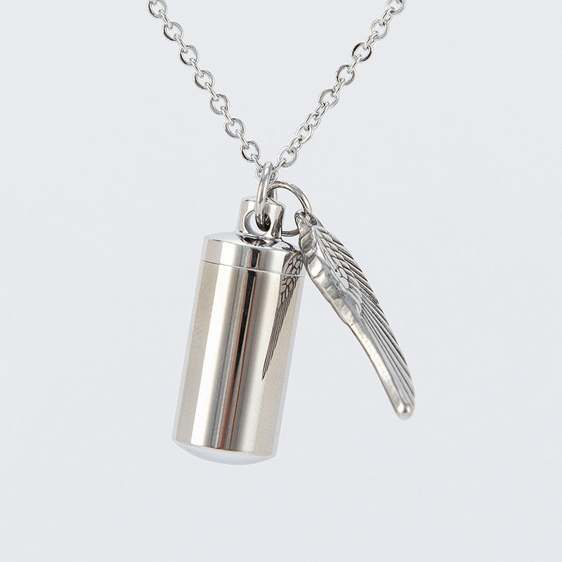 Wing urn pendant: Wing Cylinder Urn Pendant – Stainless Steel