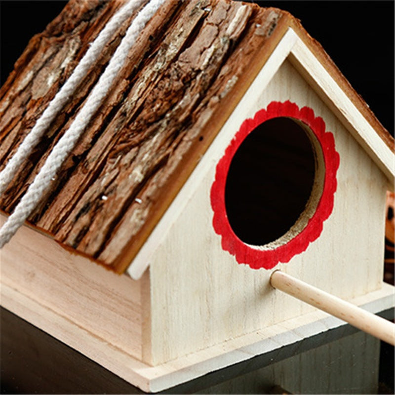 Wooden Bird House with Bark Roof – view 2