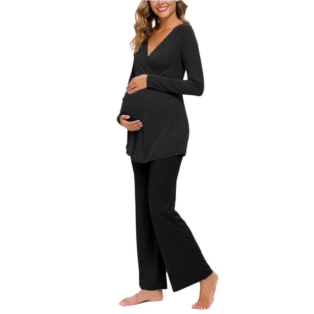 Layered V-Neck Nursing Pajama Set – Long-Sleeve Top & Pants – view 9