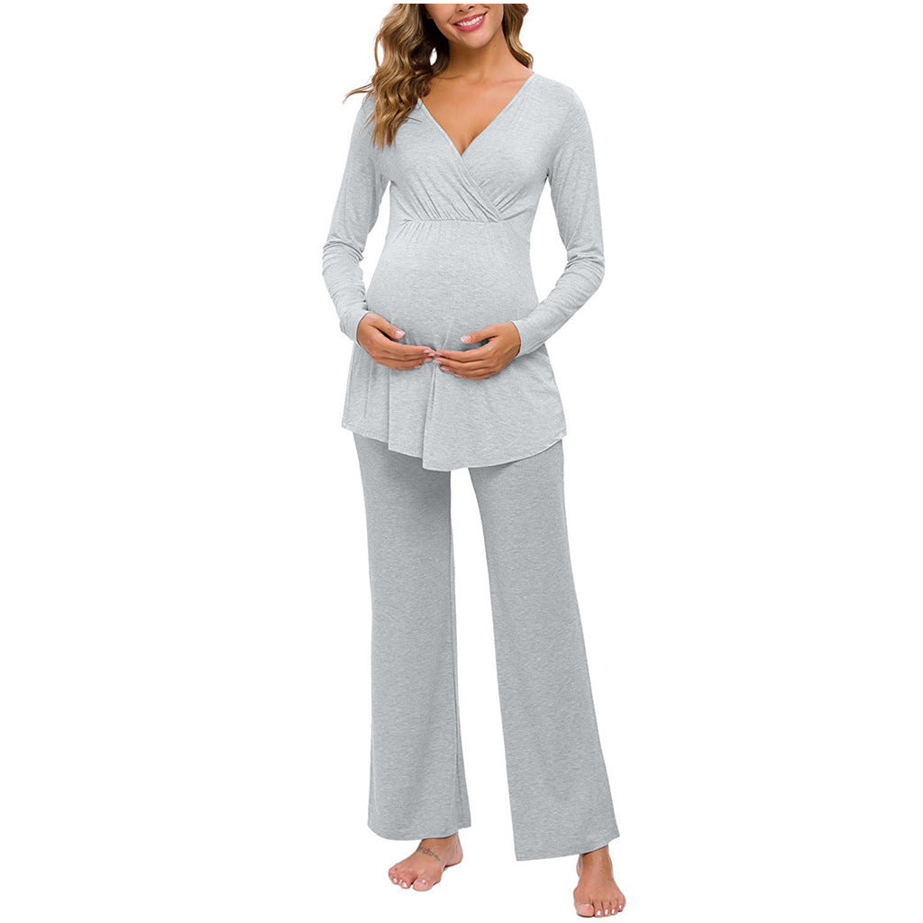 Layered V-Neck Nursing Pajama Set – Long-Sleeve Top & Pants – view 3