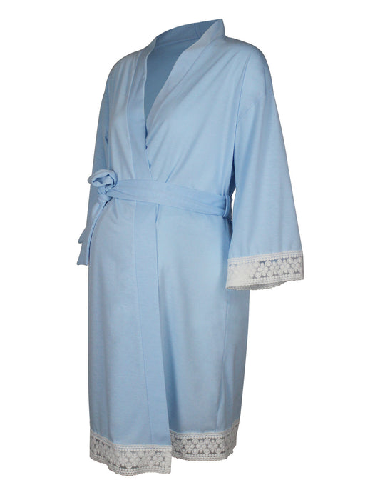 Maternity Robe – Lace Trim, Belted, 3/4 Sleeve – view 2