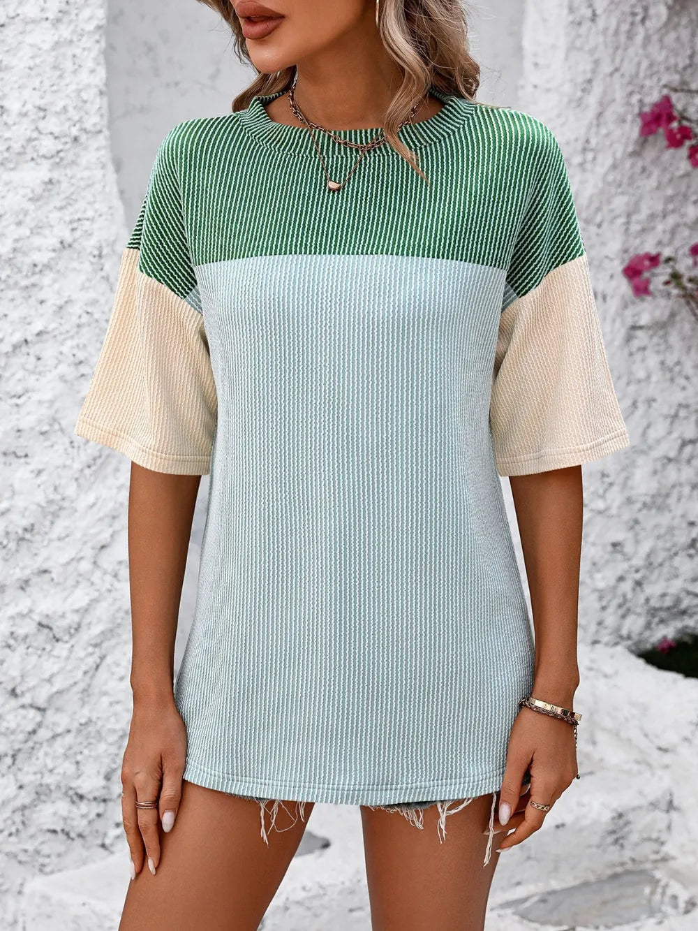 Color-block round-neck half-sleeve tee — view 10 | Organic Truth