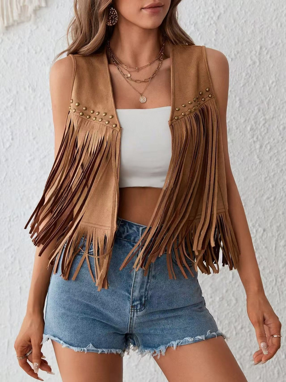 Faux Suede Fringe Vest – Women's Cropped, 6 Colors – view 3