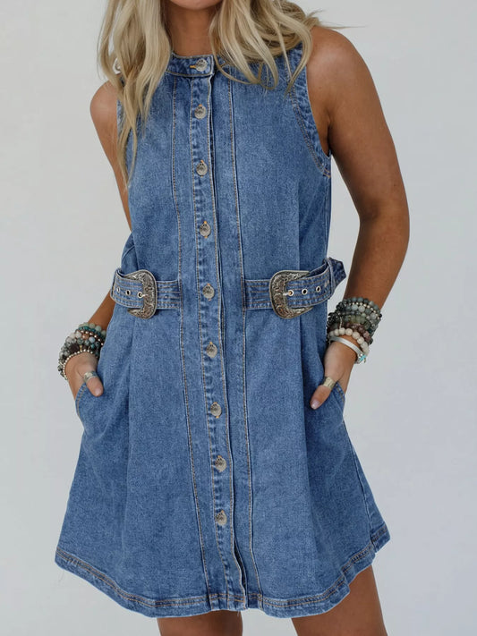 Denim Mini Dress Belted Button Down — view 2