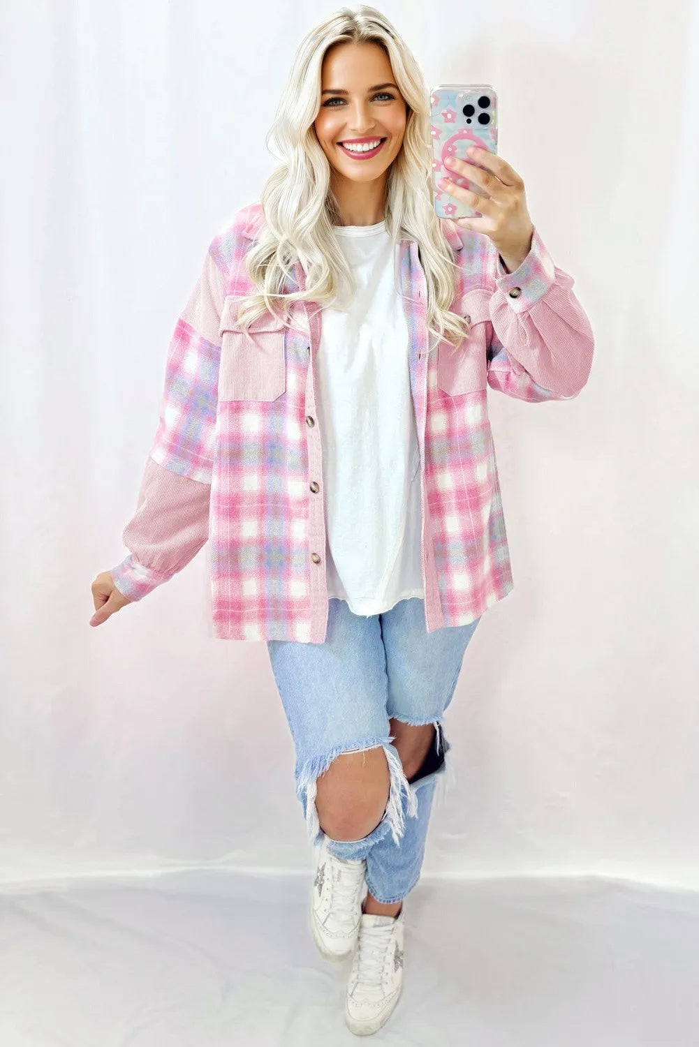 Plaid Corduroy Shacket – Women's Patchwork, Pink – view 2