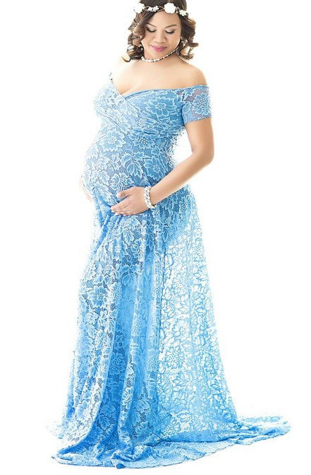 Lace Short-Sleeve Maternity Gown – Ruffle-Hem Photoshoot Dress – view 2