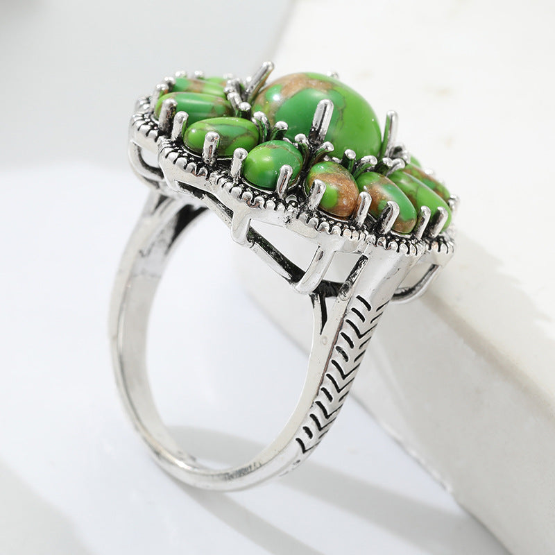 Green Stone-Look Cluster Ring – Antique Silver-Tone – view 3