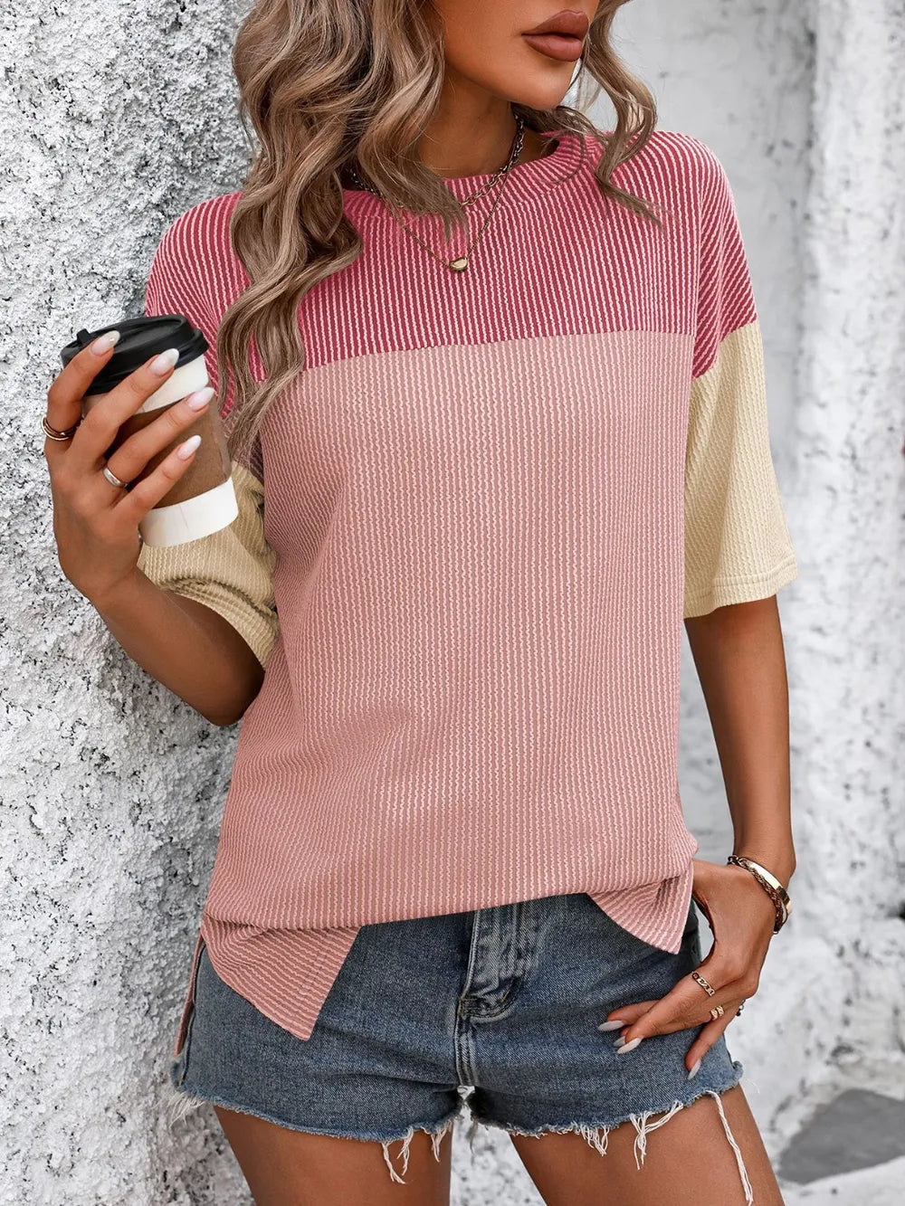 Color-block round-neck half-sleeve tee — view 1 | Organic Truth