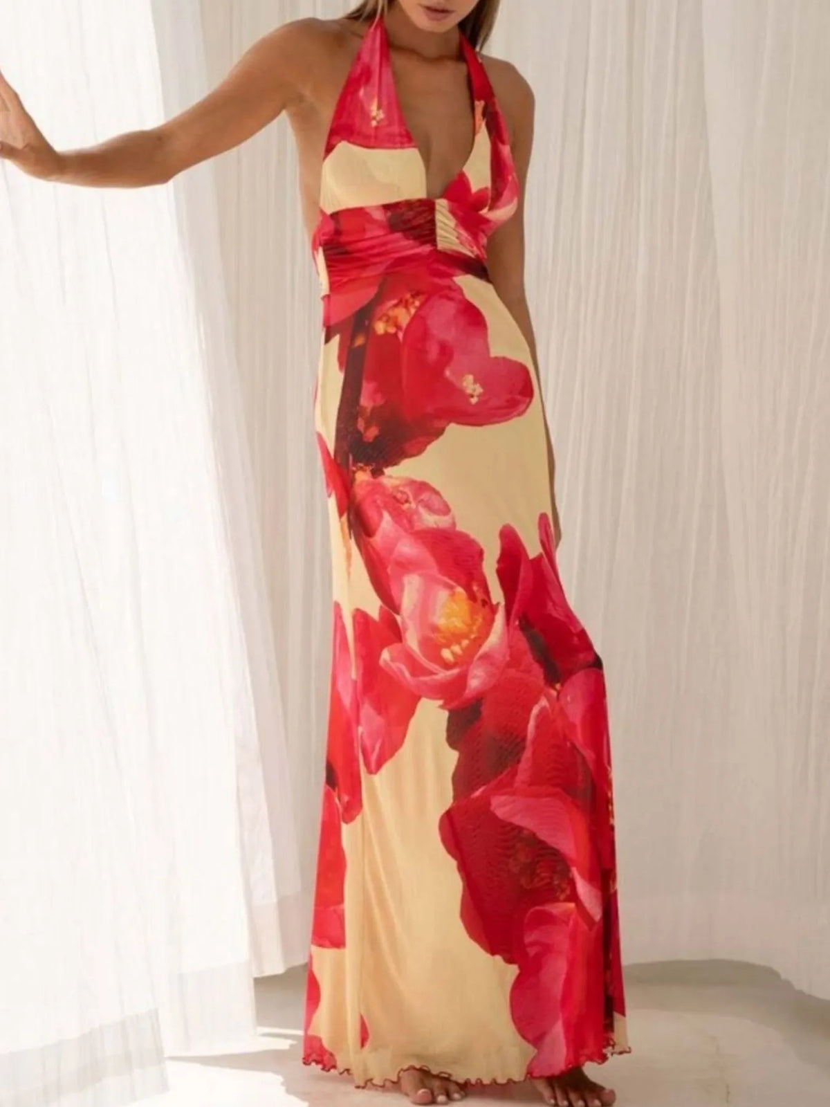 Floral halter deep-V maxi dress — view 16 | Organic Truth