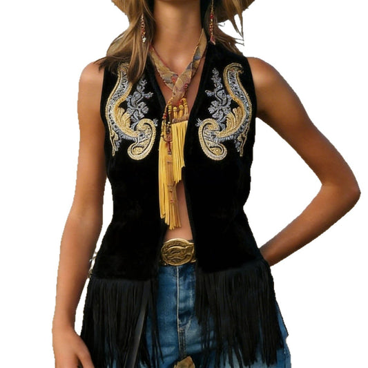 Embroidered Fringe Western Vest – Black – view 2