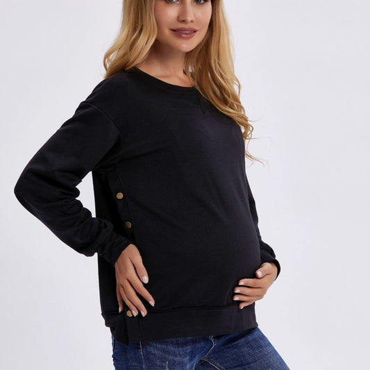 Loose Knit Maternity Sweater – Long-Sleeve Side-Button Pullover – view 2