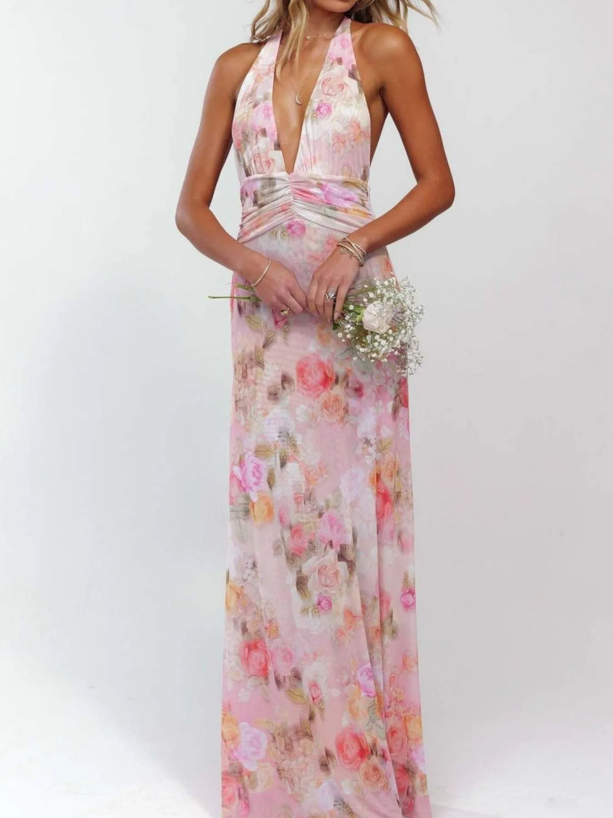Floral halter deep-V maxi dress — view 1 | Organic Truth