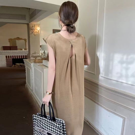 Maternity Midi Dress – Cap Sleeve Shift, Back Pleat – Khaki