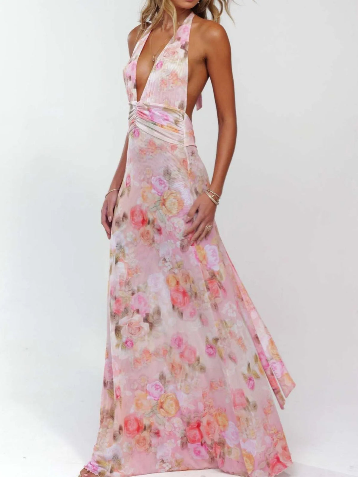 Floral halter deep-V maxi dress — view 3 | Organic Truth