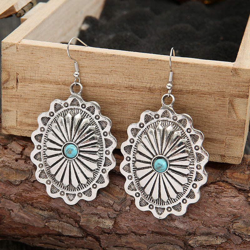 Concho Earrings – Blue-Green Stone-Look, Silver-Tone – view 6