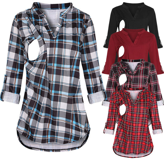 Nursing Top – Side Slit Access, Plaid V-Neck Tunic – view 2