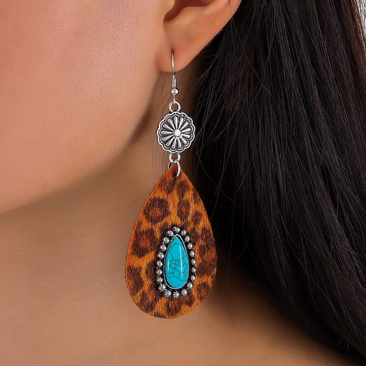 Leopard Teardrop Earrings – Blue-Green Stone-Look Concho