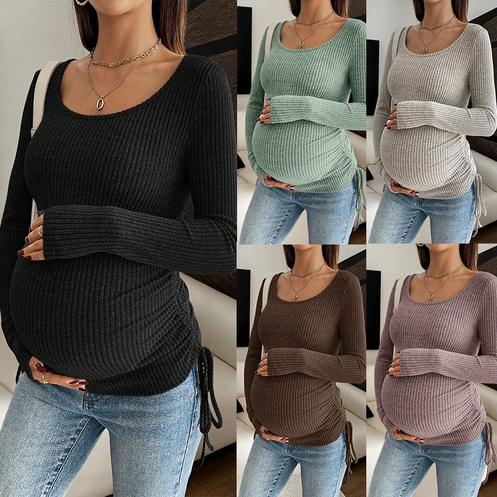 Ribbed U-Neck Maternity Top – Long-Sleeve Fitted Knit
