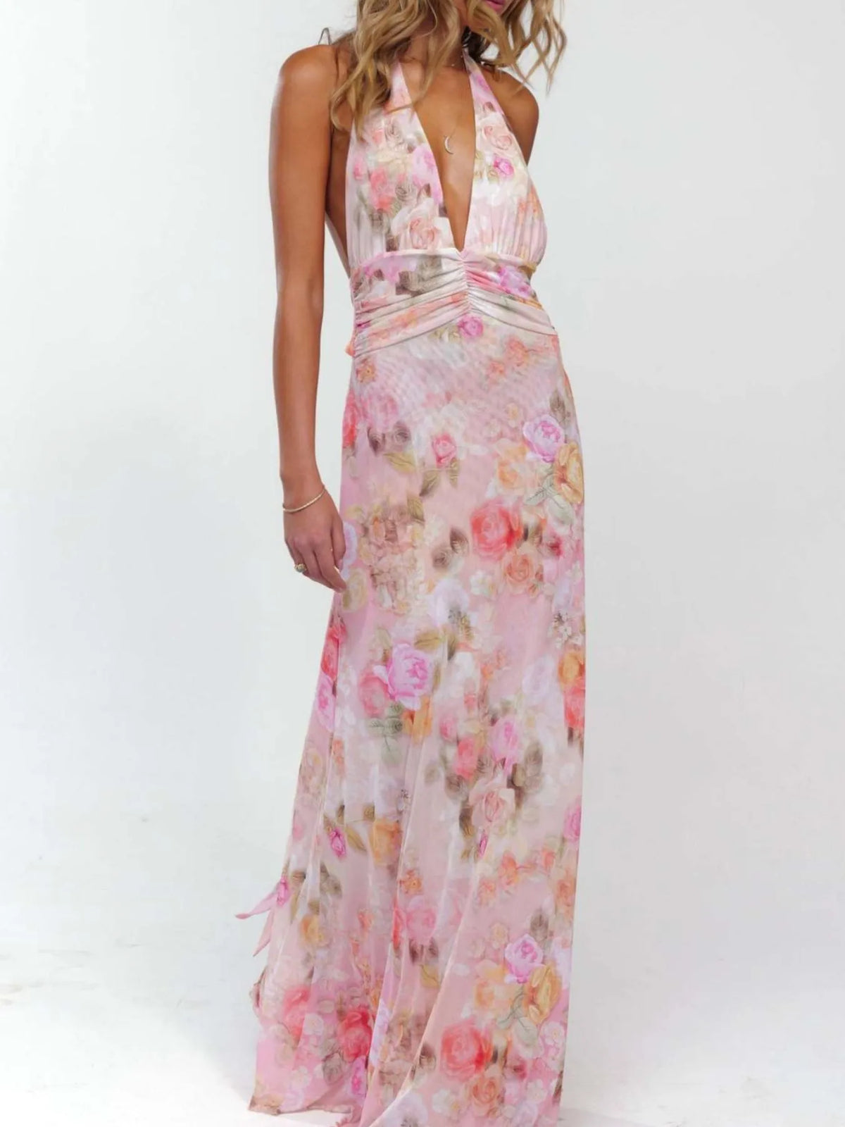 Floral halter deep-V maxi dress — view 2 | Organic Truth