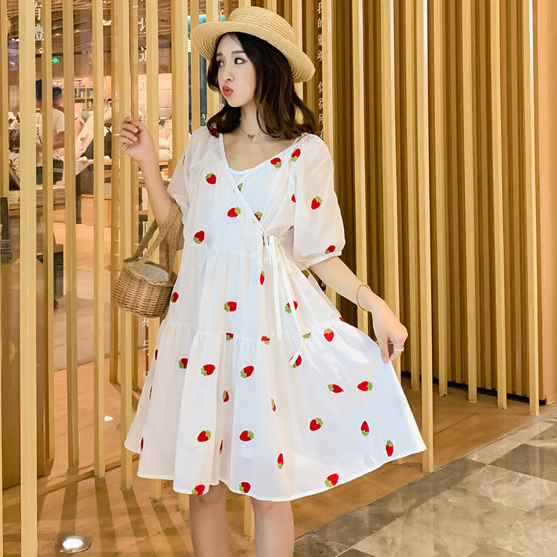 Strawberry Embroidered Maternity Dress – Puff-Sleeve White Midi