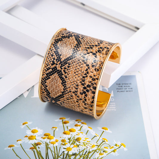 Snake Print Wide Cuff Bracelet – Gold-Tone Edge – view 2