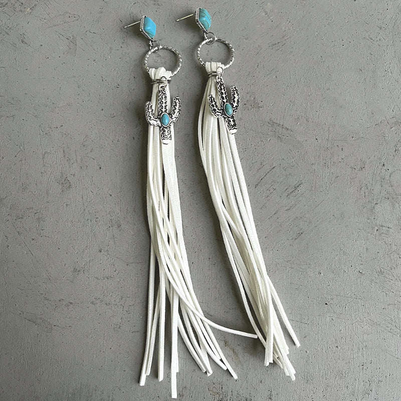 Cactus Tassel Earrings – Long Faux Suede Fringe – view 8