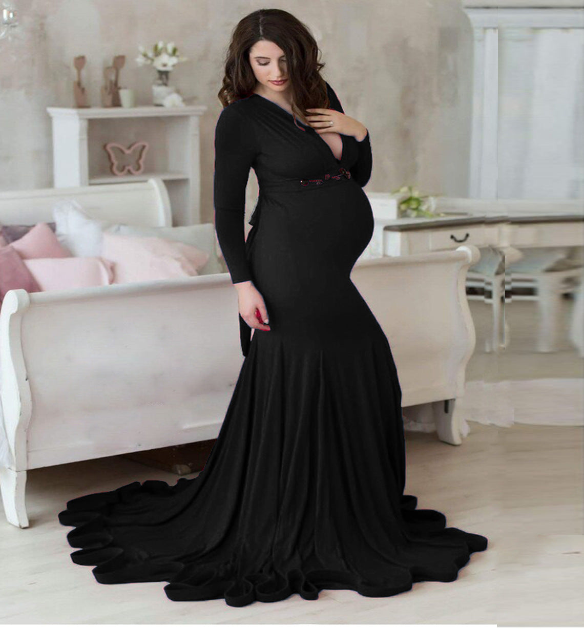 V-Neck Long-Sleeve Mermaid Maternity Gown – Trailing Photoshoot Dress – view 4