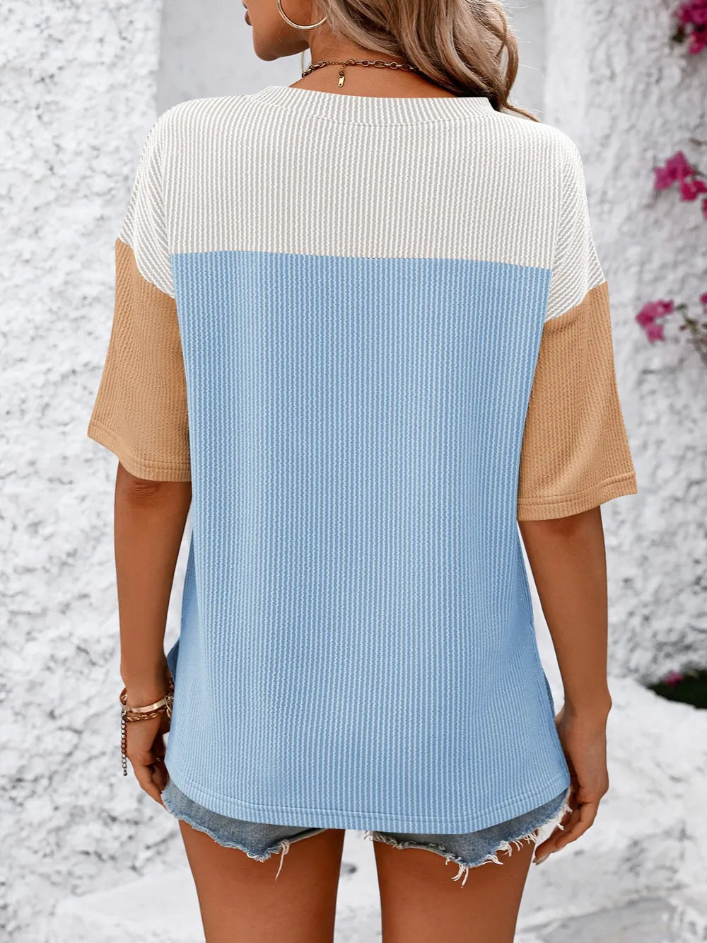 Color-block round-neck half-sleeve tee — view 6 | Organic Truth