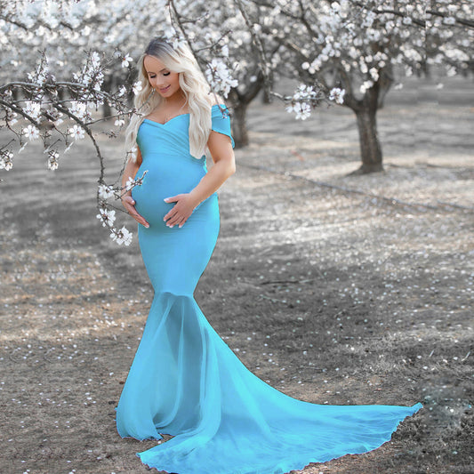 Flutter-Sleeve Mermaid Maternity Gown – Off-Shoulder Photoshoot – view 2