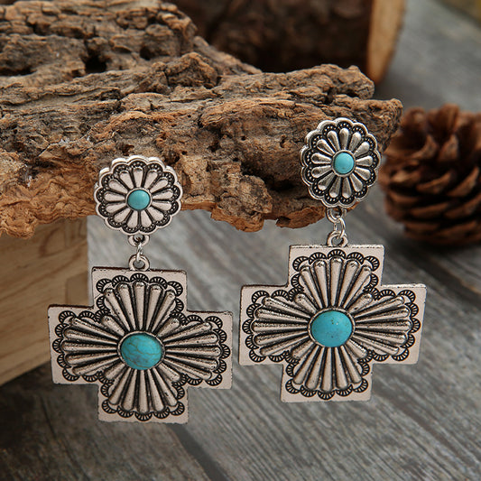Concho Cross Earrings – Blue-Green Stone-Look, Silver-Tone – view 2