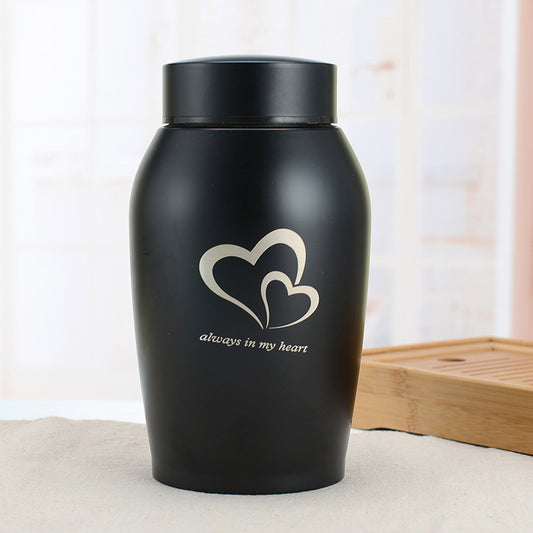 Double Heart Pet Cremation Urn – Stainless Steel, 2 Sizes – Large 18.5 × 8.5 cm / Black
