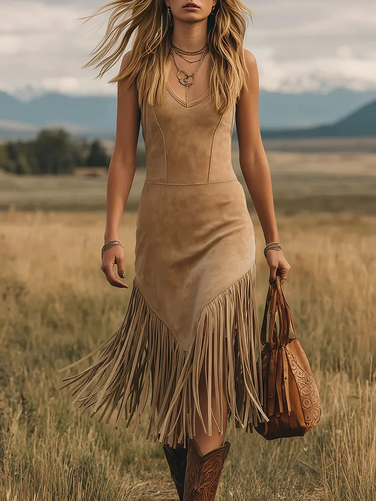 Suede-Look Fringe Midi Dress – Khaki or Pink – view 3