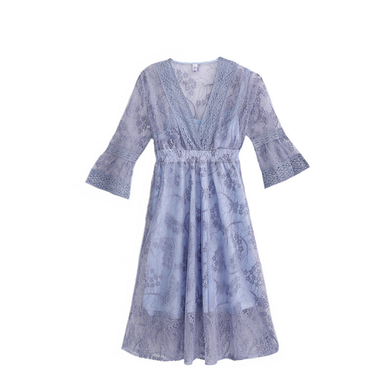 Lace Overlay Maternity Midi Dress – Short-Sleeve V-Neck – view 3