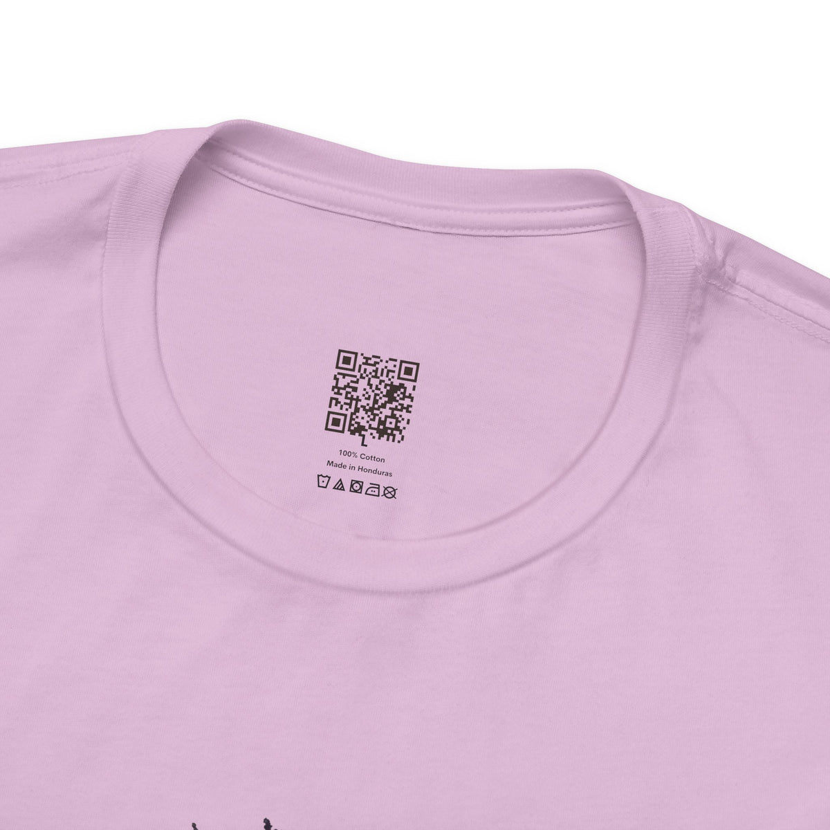 Dragon Eye graphic tee in lilac, collar close-up: printed Organic Truth QR neck label