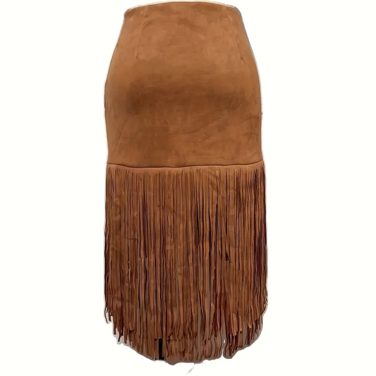Western Fringe Skirt – Women's Asymmetric Midi, Brown – view 4
