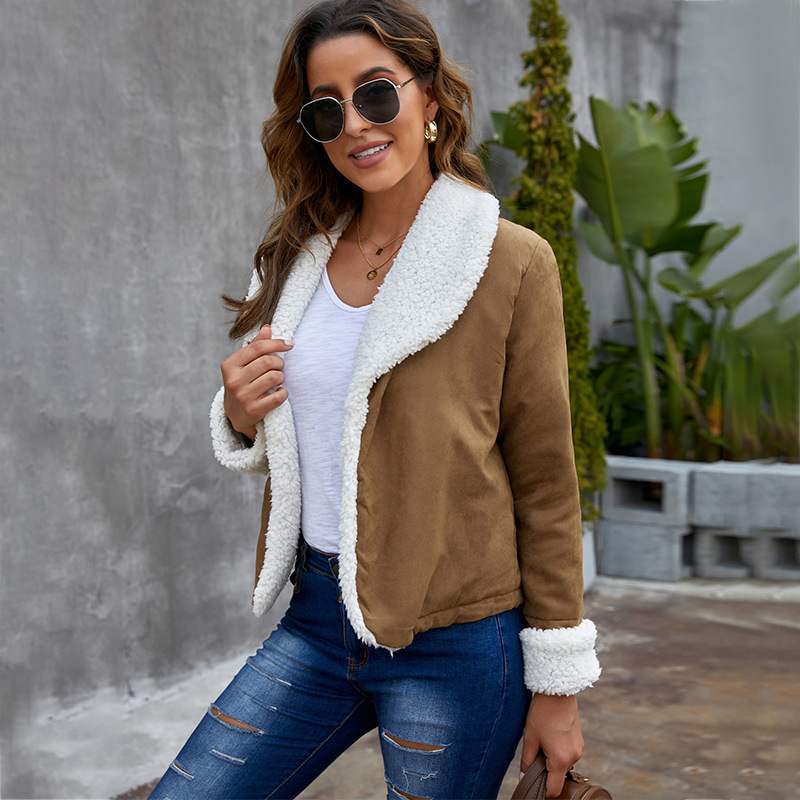 Faux Suede Jacket – Women's Draped Lapel, Plush Trim