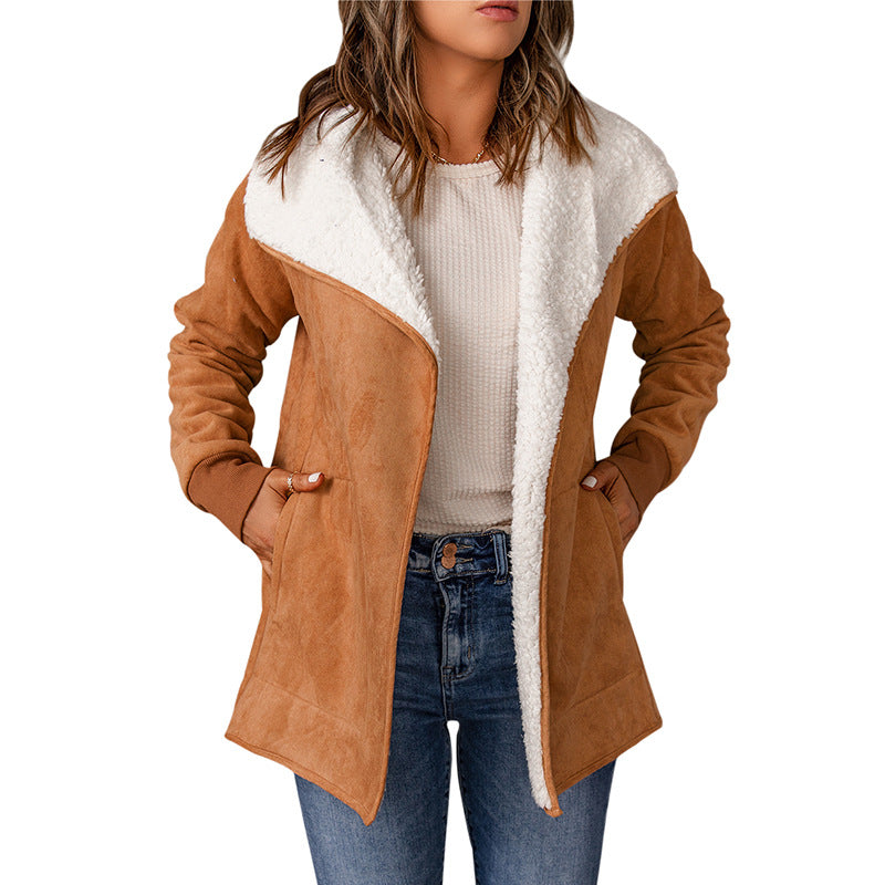 Faux Suede Coat – Women's Plush Lapel, Long Loose Fit – Khaki