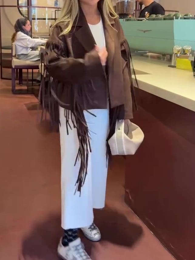 Long Fringe Lapel Jacket – Brown Suede-Look – view 2