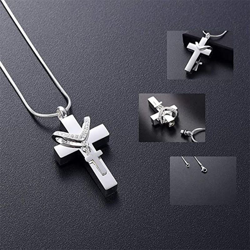 Double cross urn necklace: Double Cross Urn Necklace for Ashes – Titanium Steel