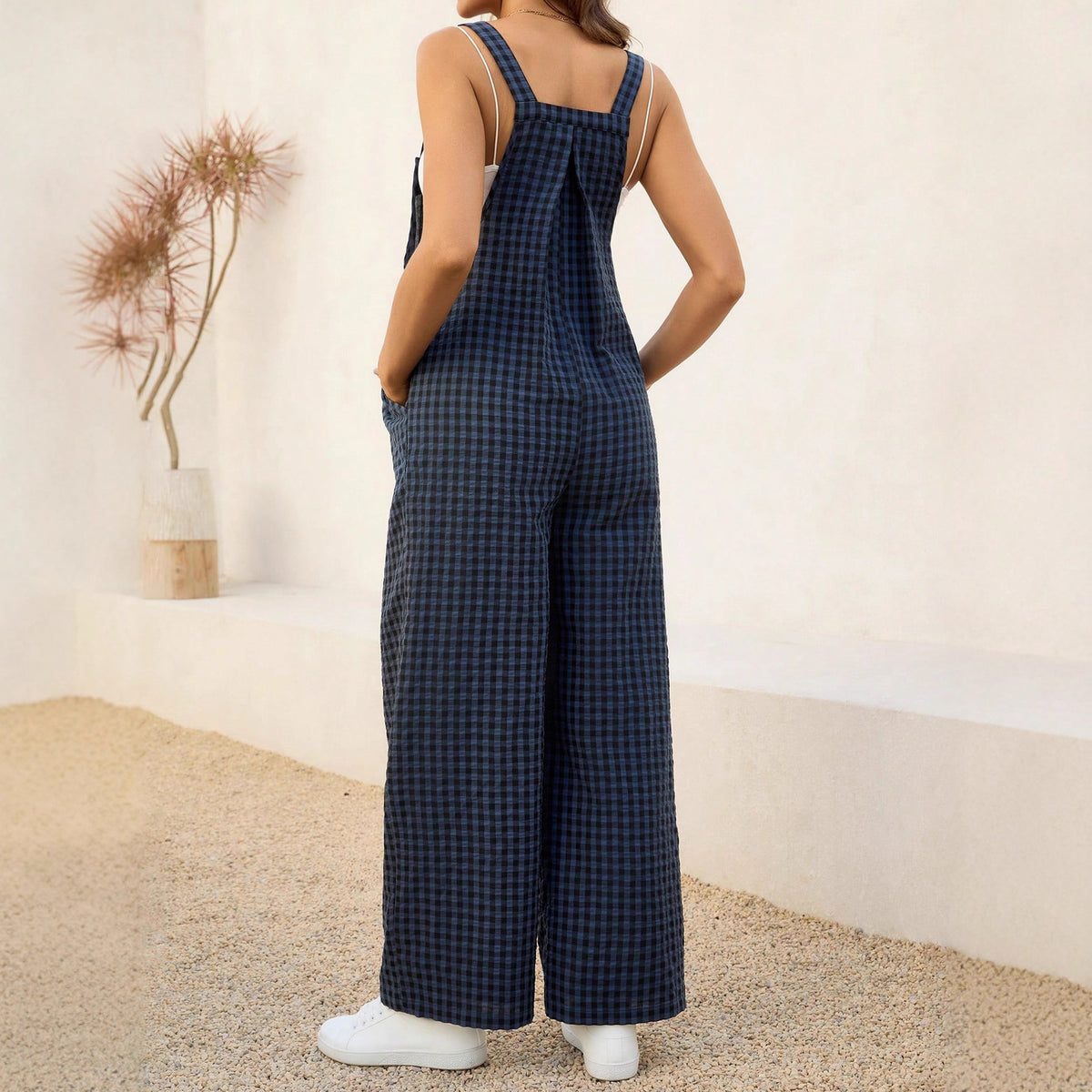 Plaid Maternity Overall Jumpsuit – Loose Straight-Leg – view 3