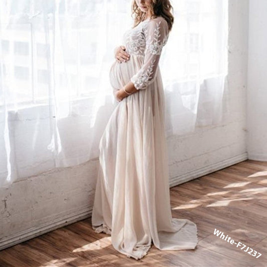 Lace & Chiffon Maternity Gown – 3/4 Sleeve Boho Photoshoot Maxi – view 3