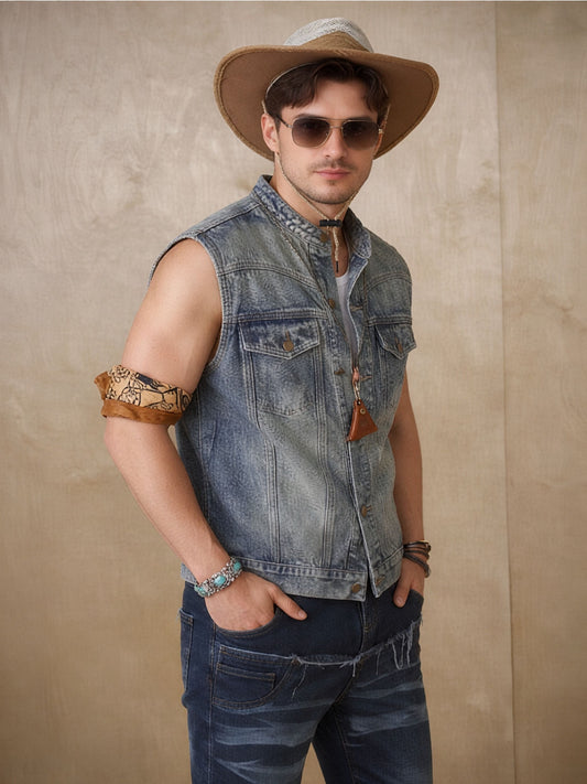 Men's Washed Denim Vest – Sleeveless Jean Jacket – view 2